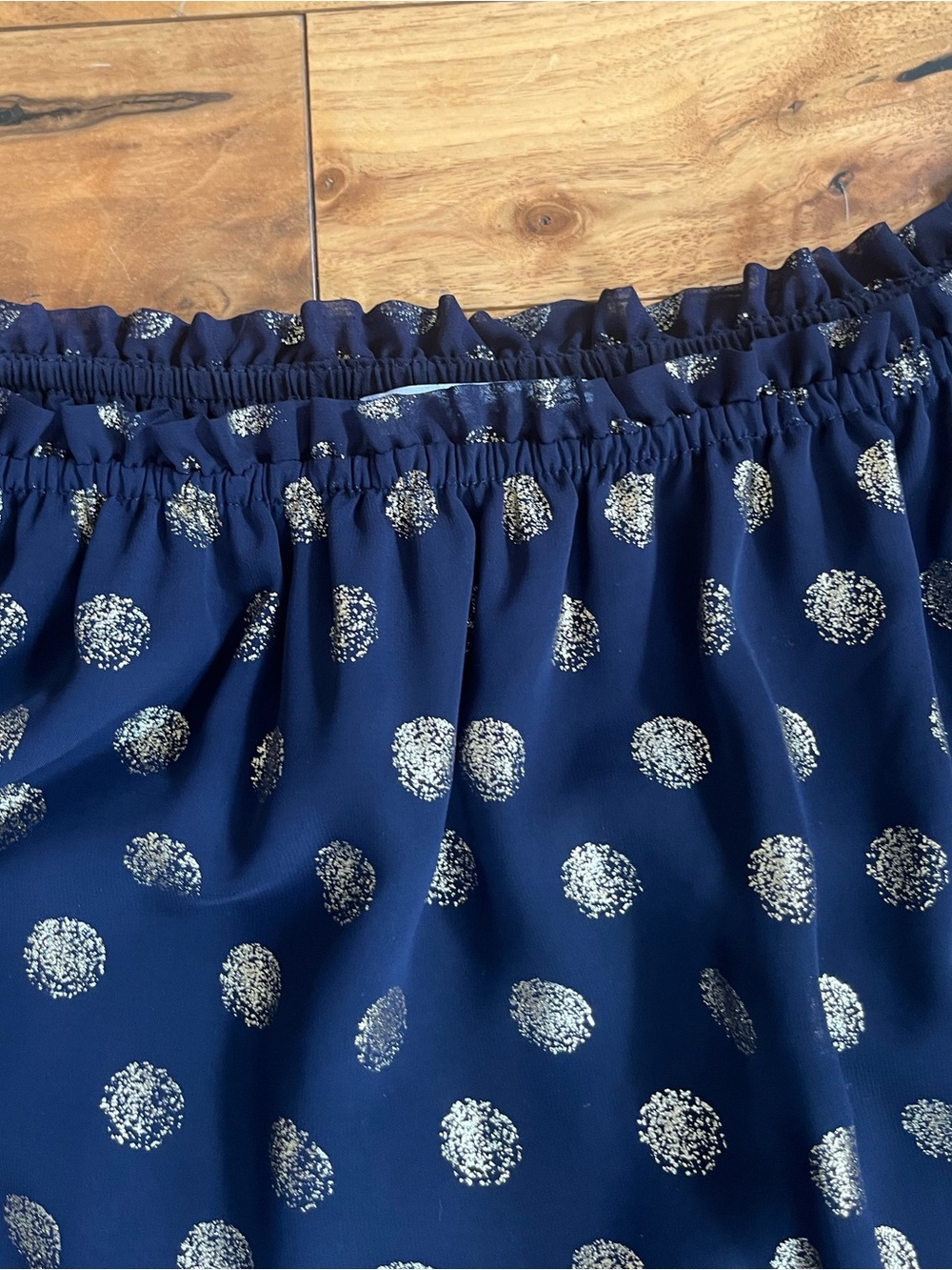 Joseph Ribkoff Navy and Gold Polka Dot Off-Shoulder Pillow Sleeve Ruffle Blouse - Picture 7 of 12